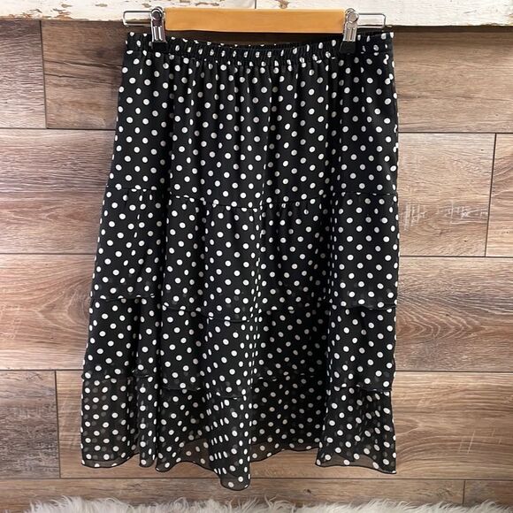 Notations Womens Polka Dot Tiered Layer Ruffle Skirt Petite Medium Black White - Picture 2 of 8